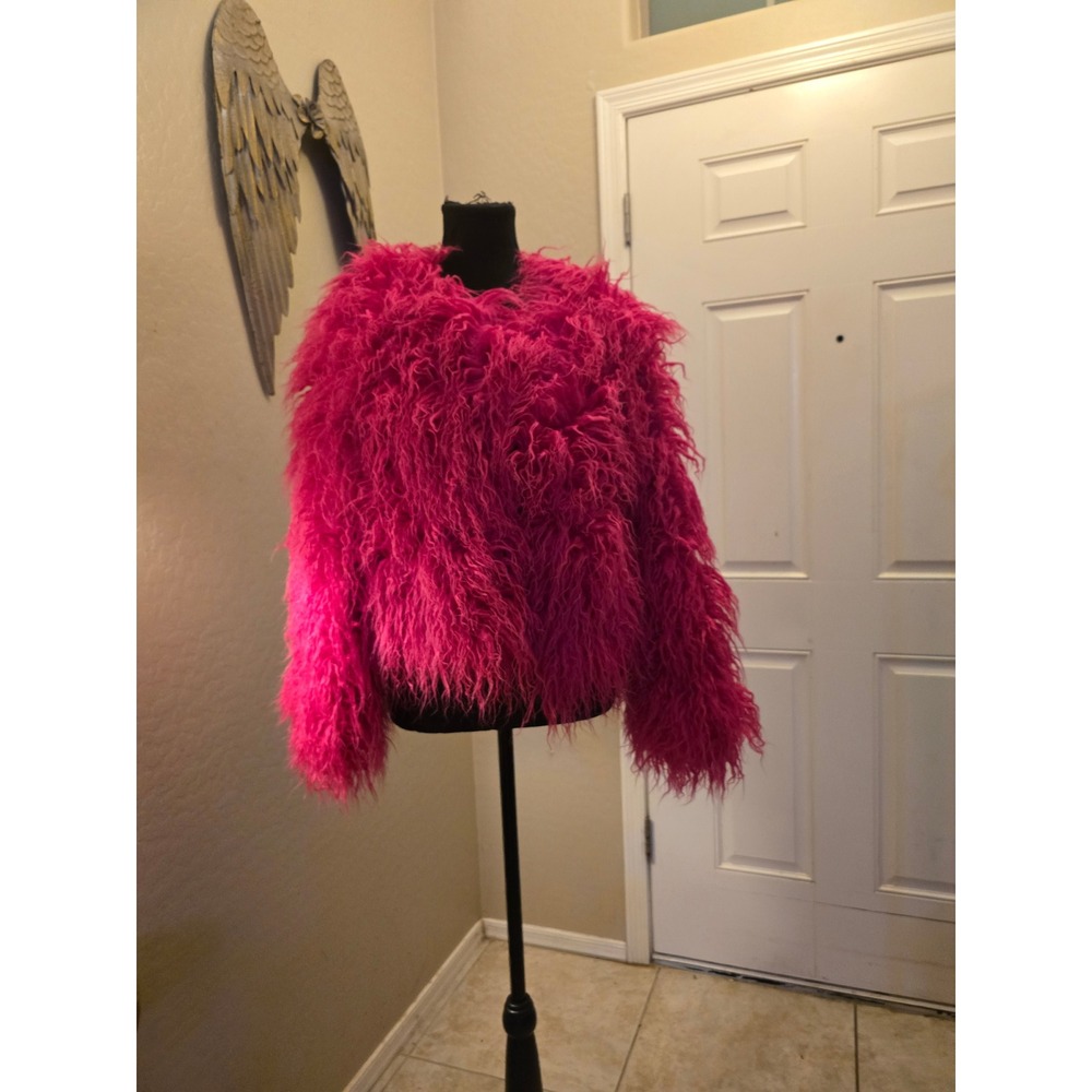 YUAKOU Hot Pink Shaggy Faux Fur Jacket Cropped Y2K Rave Festival Statement